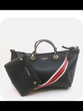 Emporio Armani Black Crossbody Tote with Red and White Strap